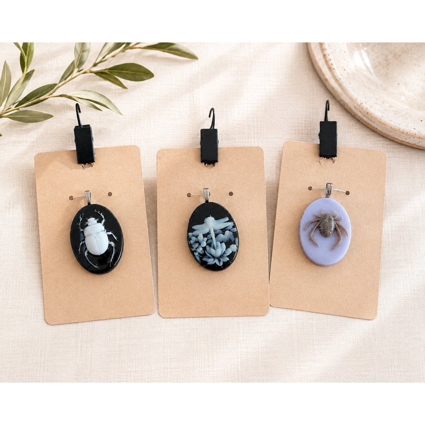 3 Handmade Resin Insect Botanical Pendants Oval Acrylic Gothic Cottagecore
