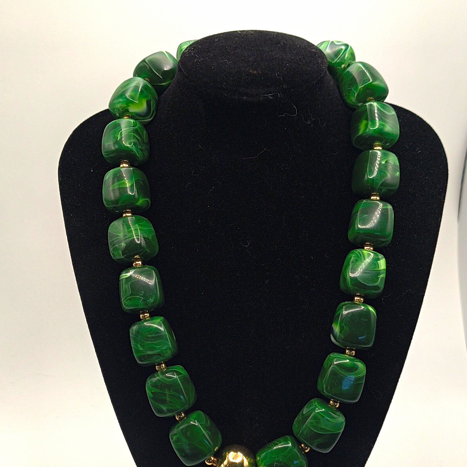 Green Beaded Statement Necklace Gold Tone Square Simulated Adjustable Lobster
