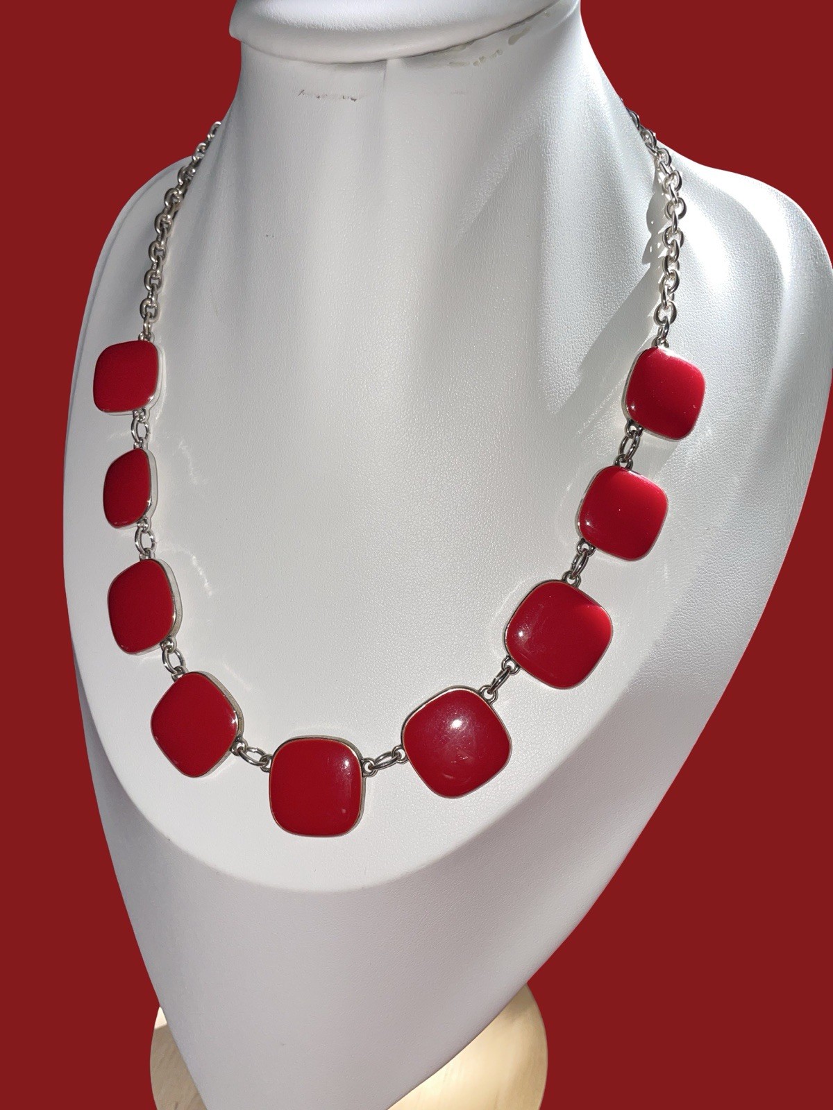 A 1990s Silver-tone Necklace with Square Red Enamel Elements. Adjustable