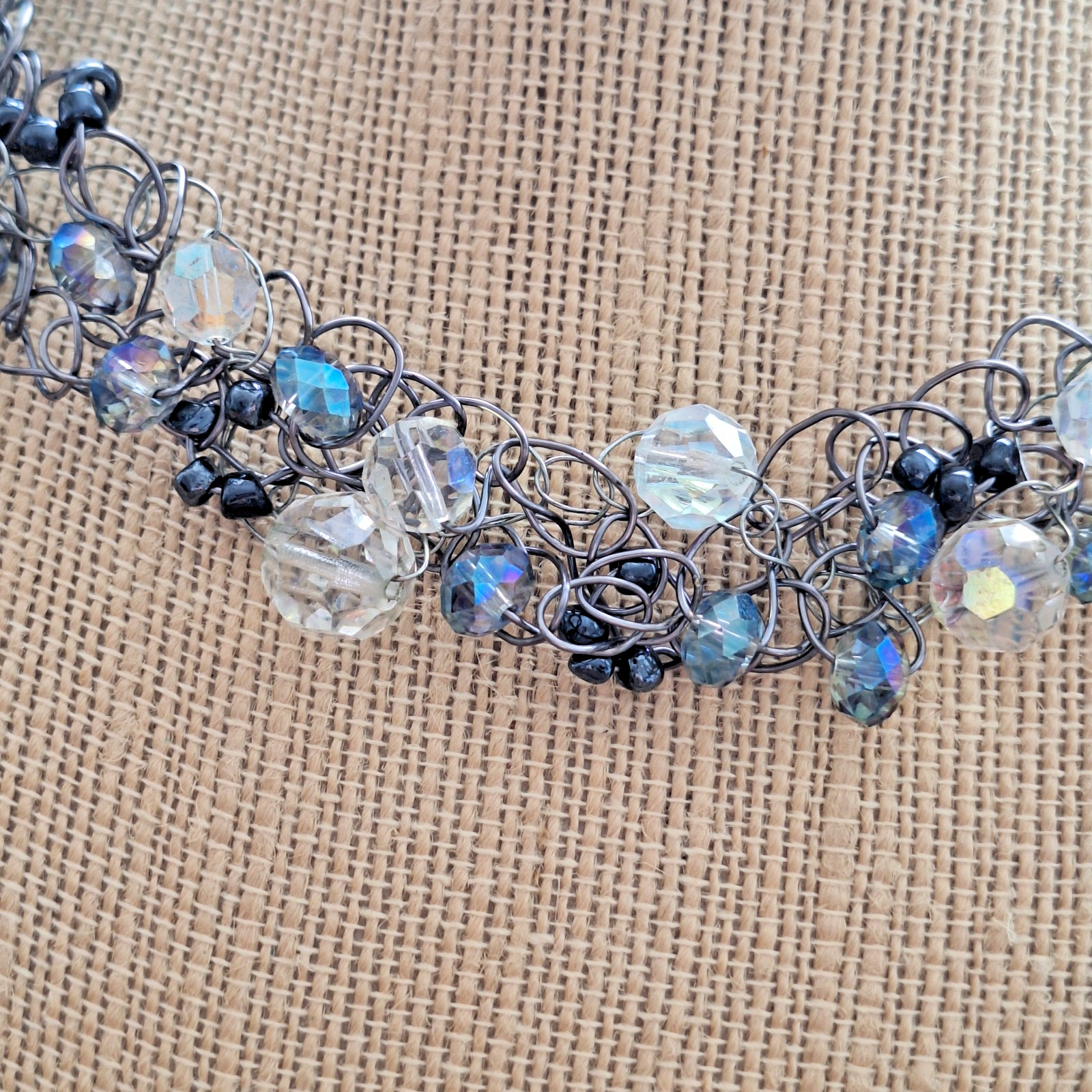 Handmade Glass Necklace Ab And Clear Beads Bib Chocker Adjustable Necklace 18.5″