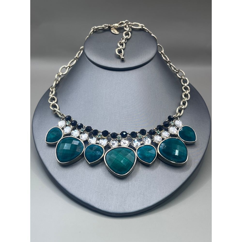 WHBM Necklace Green Black Clear Rhinestones Gold Tone Statement Collar Bling