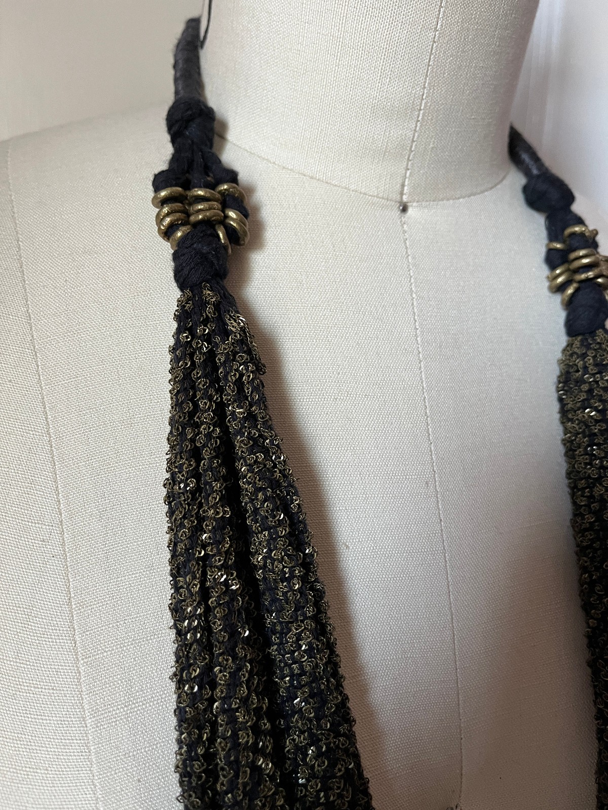 Rhiannon Griego Statement Woven Necklace Textile Art Navy Blue with Brass