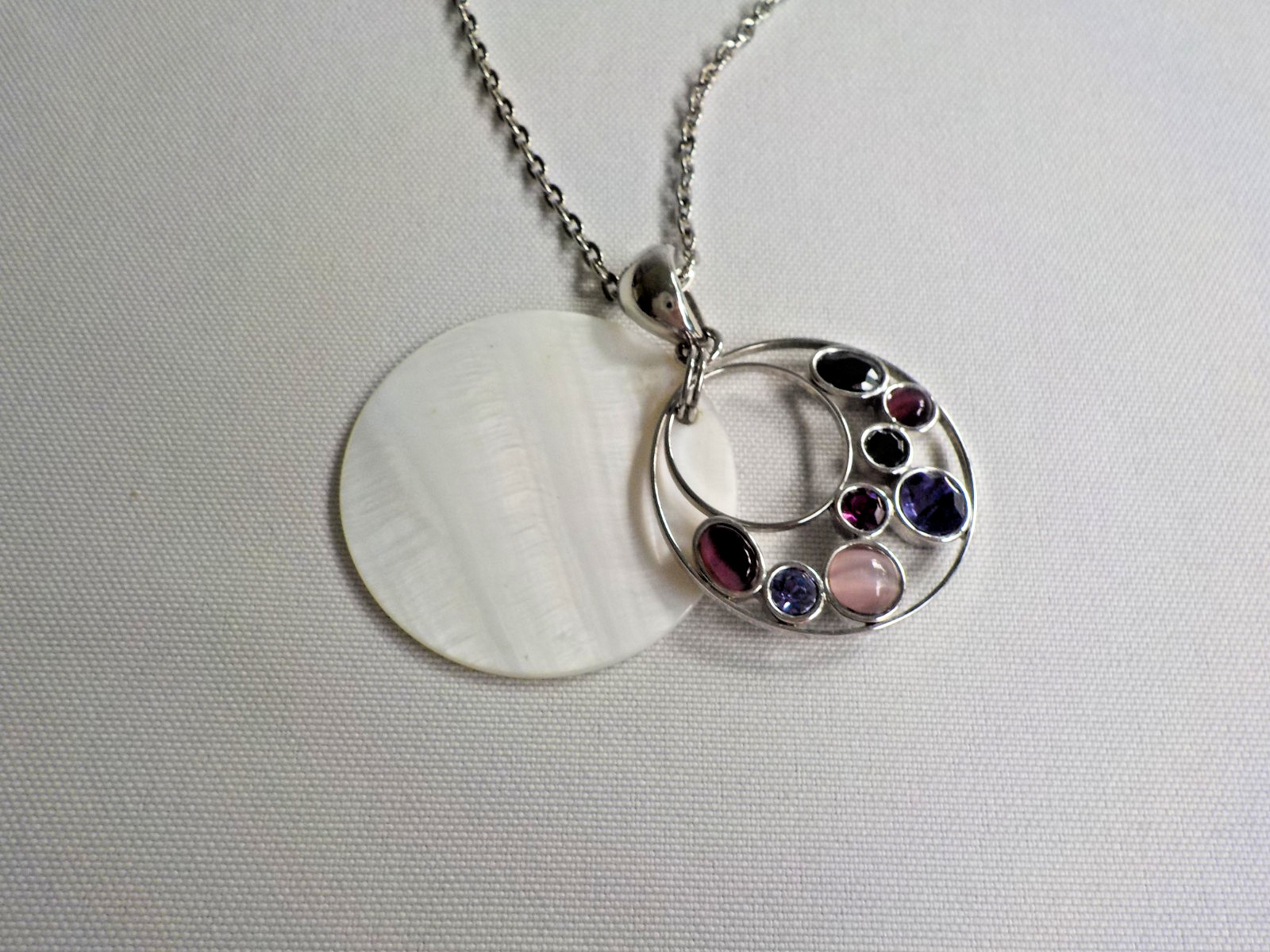 SL Faux Mop Necklace Silver Tone Metal 27″L Plastic Light Dark Purple Round