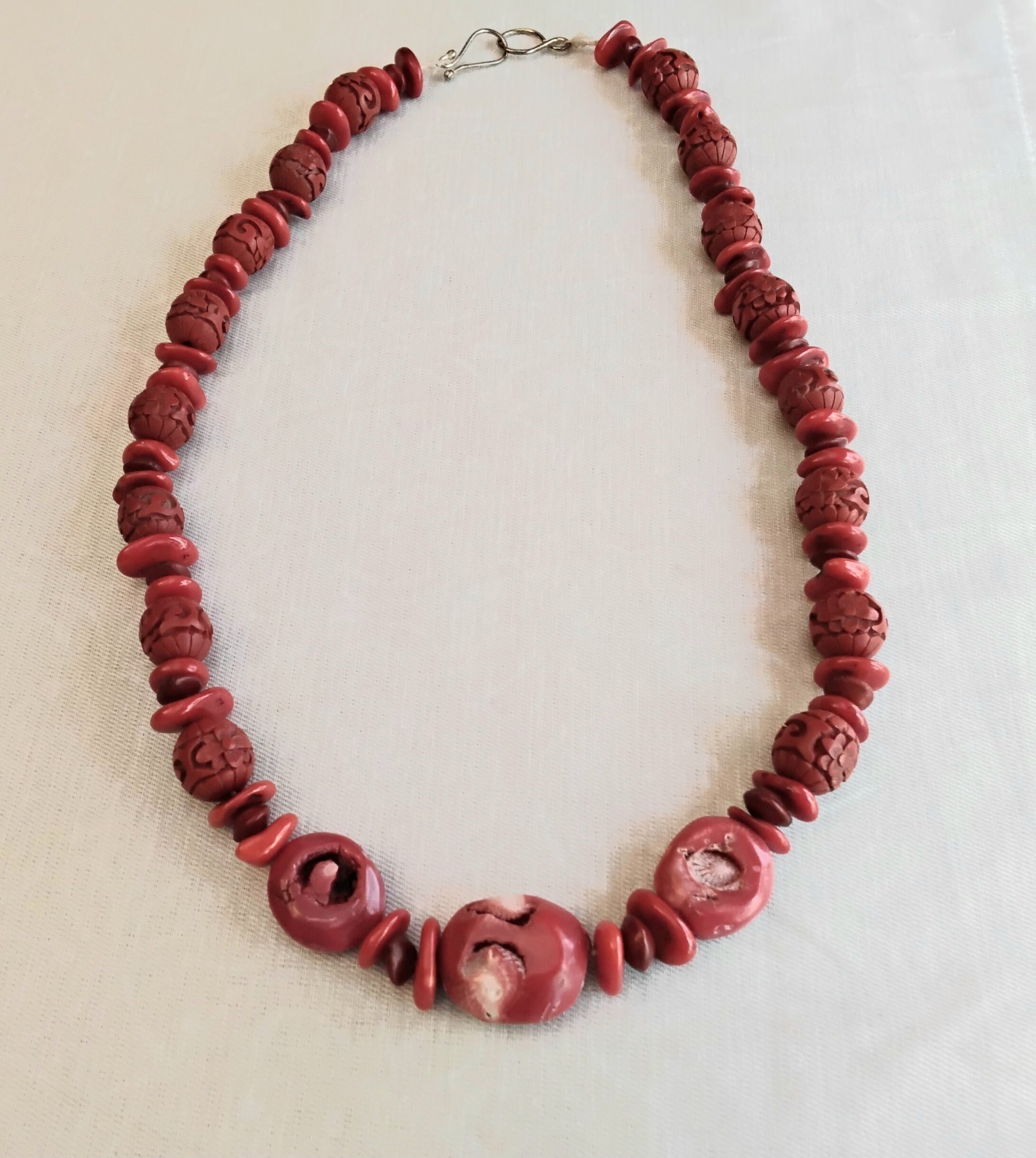 Vintage Chunky Bamboo Coral Necklace With Carved Beads & Metal Hook Closure
