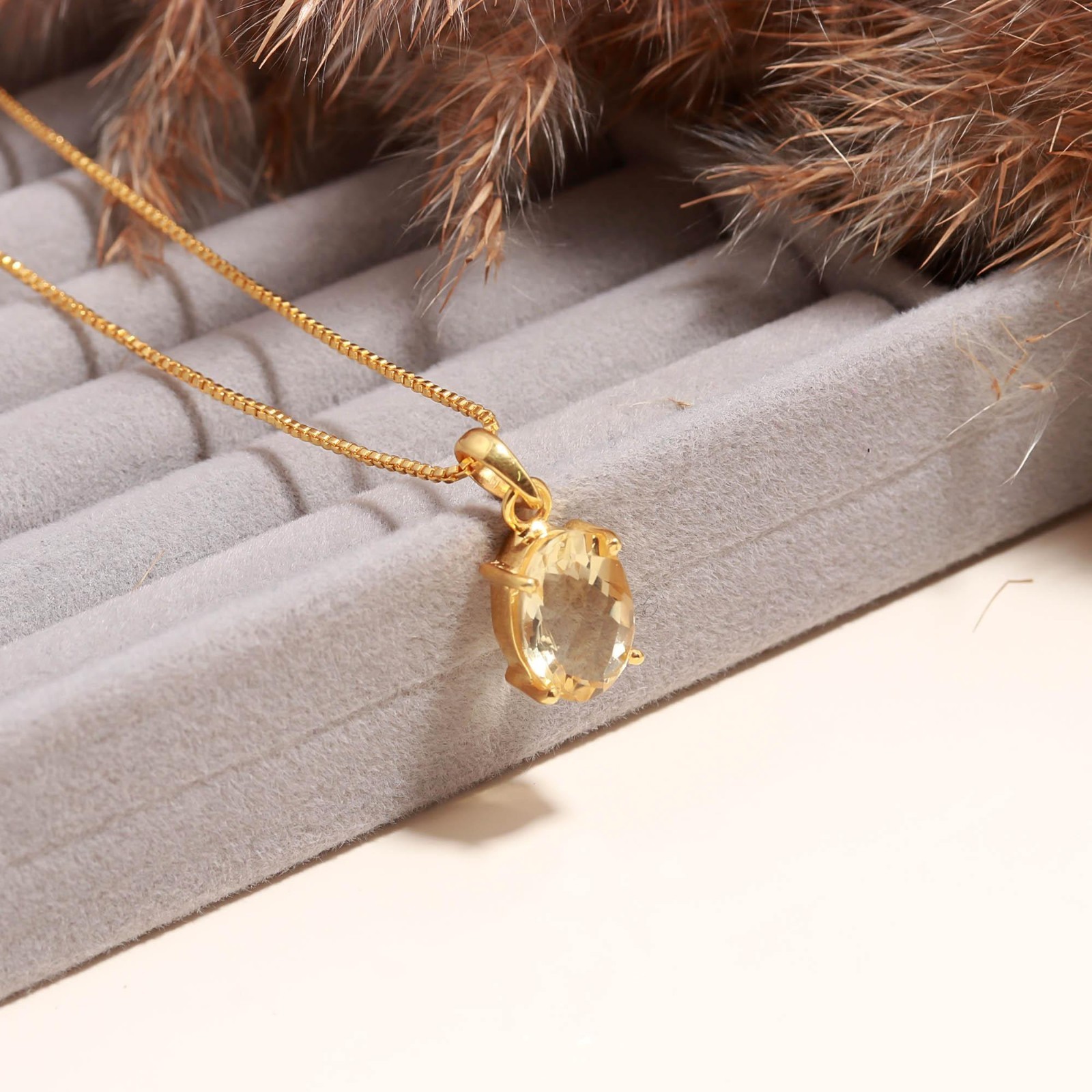 Natural Citrine Quartz Oval Chain Pendant Gold Plated925 Sterling Silver Jewelry