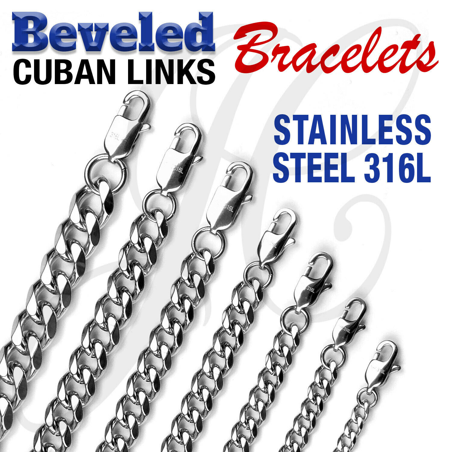 Stainless Steel 316L Beveled Cuban Links Bracelets 6″-10.5″ 4mm-10mm thick