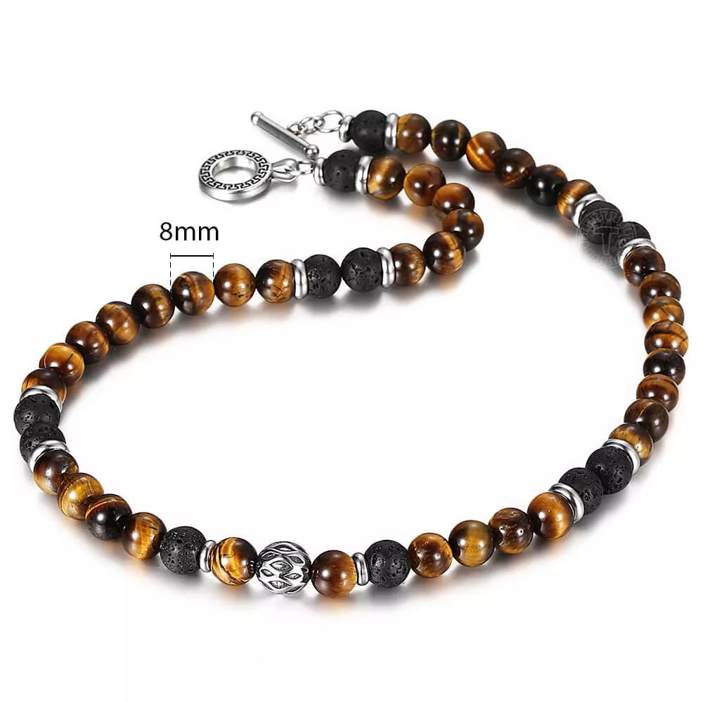 Men’s 8mm Natural Tiger Eye Lava Bead Necklace Stainless Steel Toggle 18/20/24″