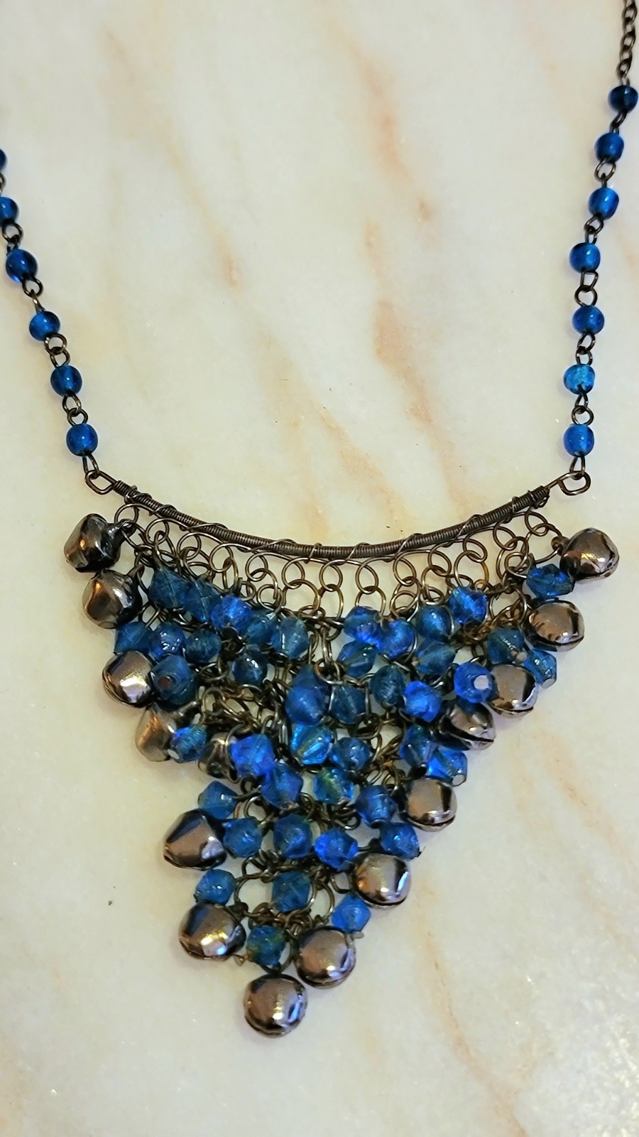 Vintage North India Banjara Bib Necklace ~ Blue Glass Bead Wire Mesh ~