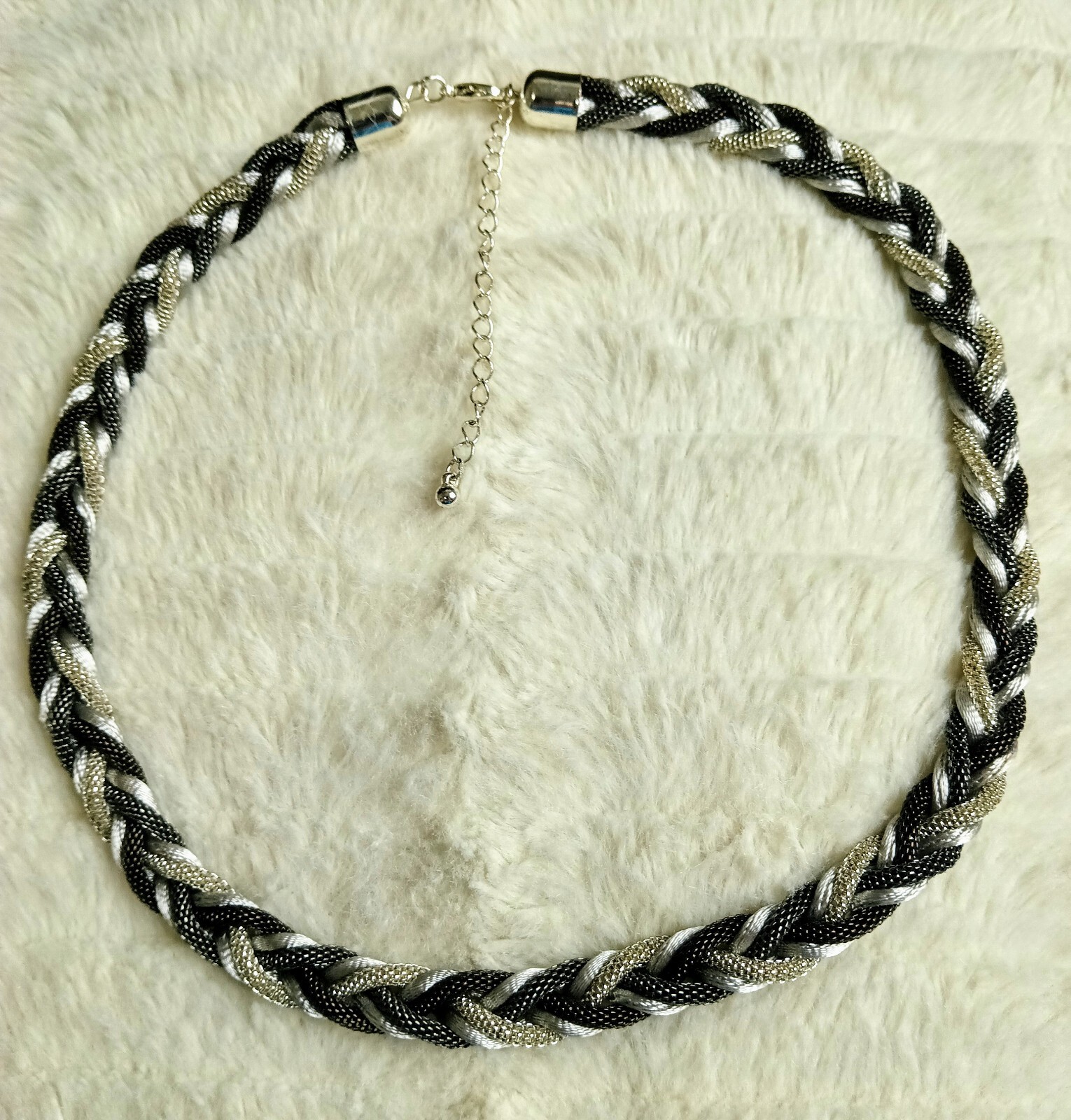 Braided Satin Chain Necklace Silver Black Mesh Multi Strand Cord Drop 20″