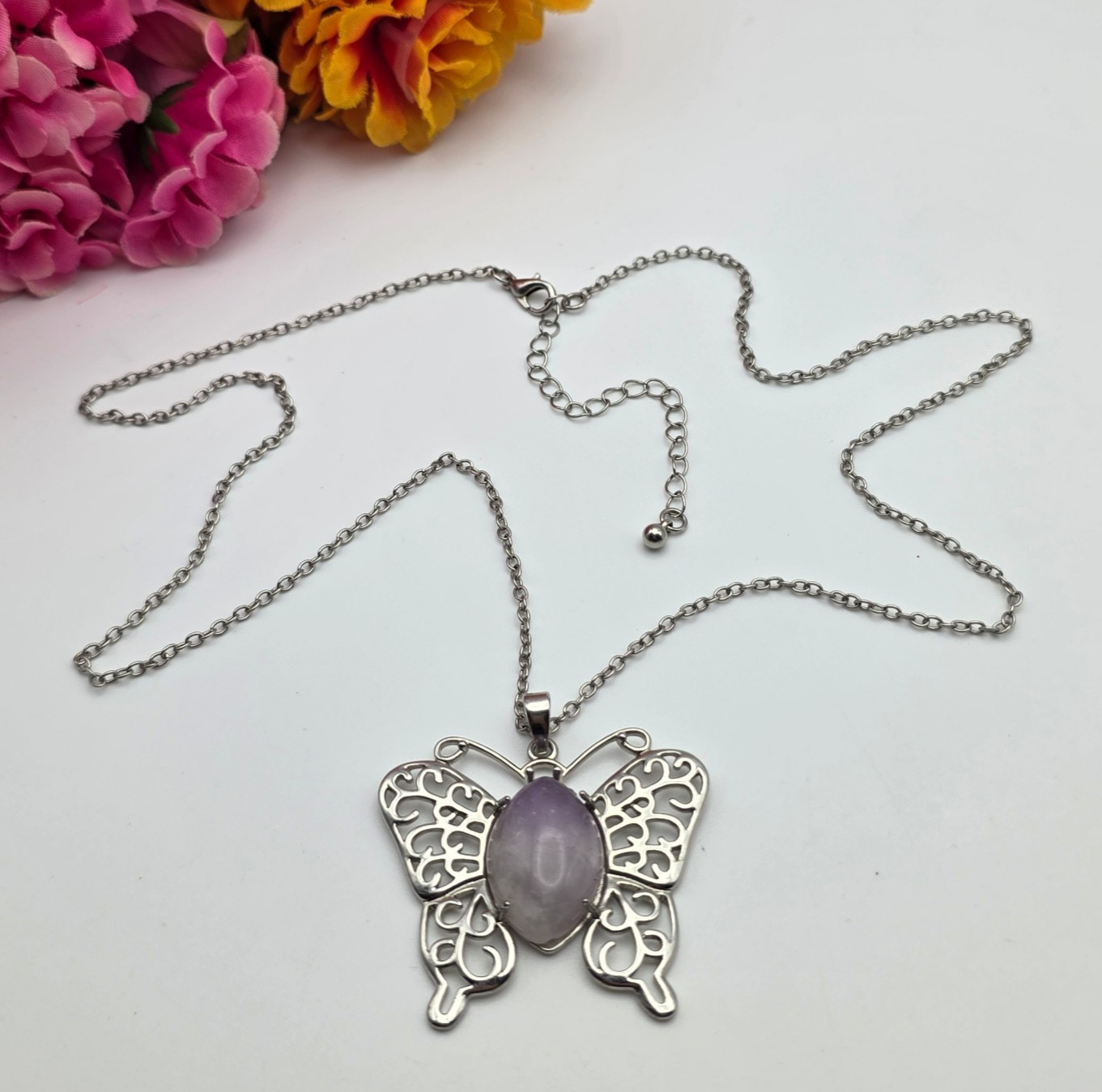 Purple Amethyst Cabochon Filigree Butterfly Pendant Necklace Silver Tone 27 In