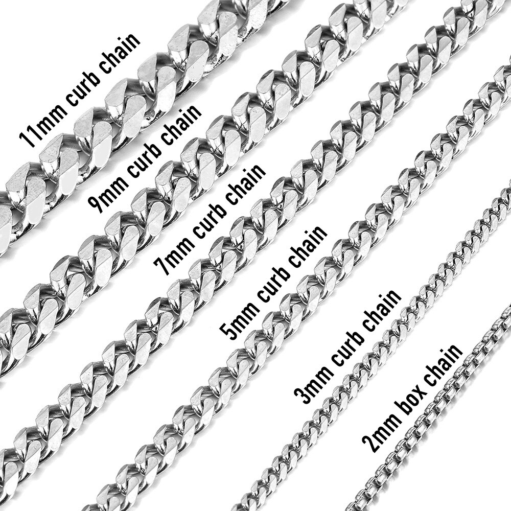 16″-30″ Mens Stainless Steel Curb Cuban/Box Chain Necklace Choker 2/3/5/7/9/11mm