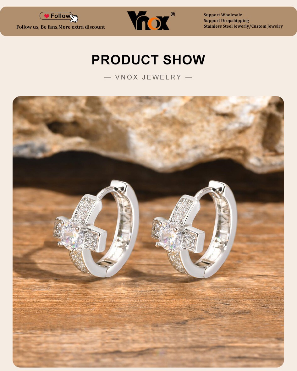 Silver Cross Hoop Earrings Faith Huggie Bling AAA CZ Stone Centered Men Classic