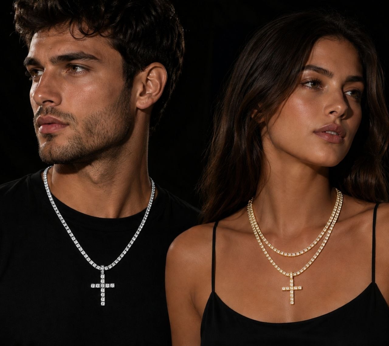 Iced Out Cross Pendant Tennis Chain Necklace Silver Gold CZ Hip Hop Men Women