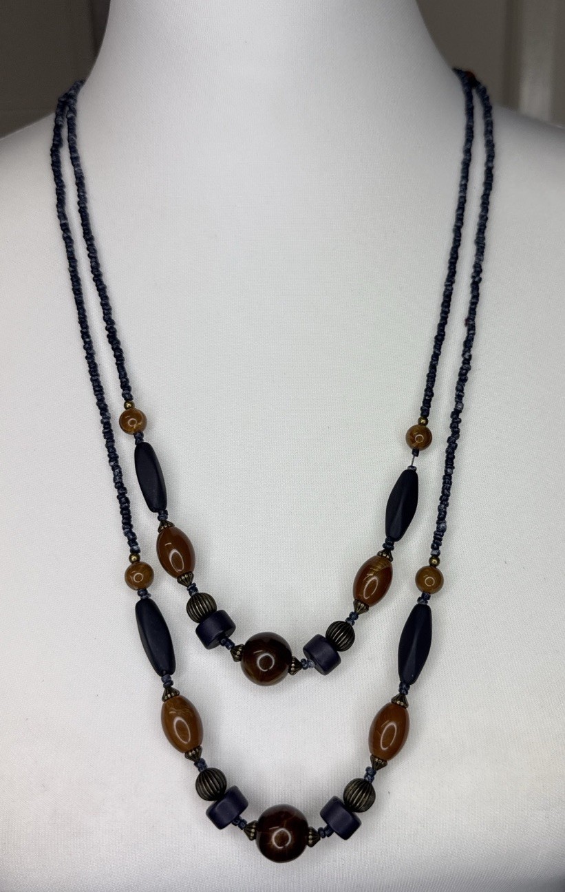 Vintage Layered Bead Necklace Brown Blue Acrylic Resin Double Strand Boho