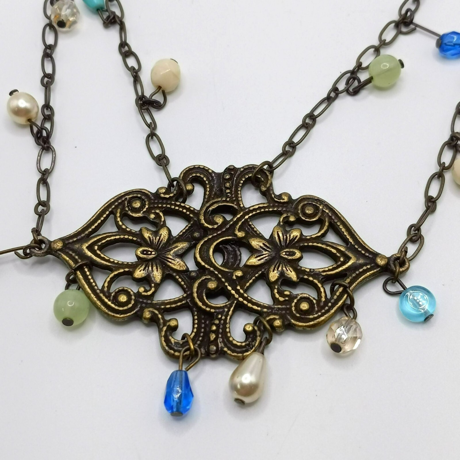 Rachel Roy Boho Art Deco Filigree Style Statement Necklace Bronze Tone Beads