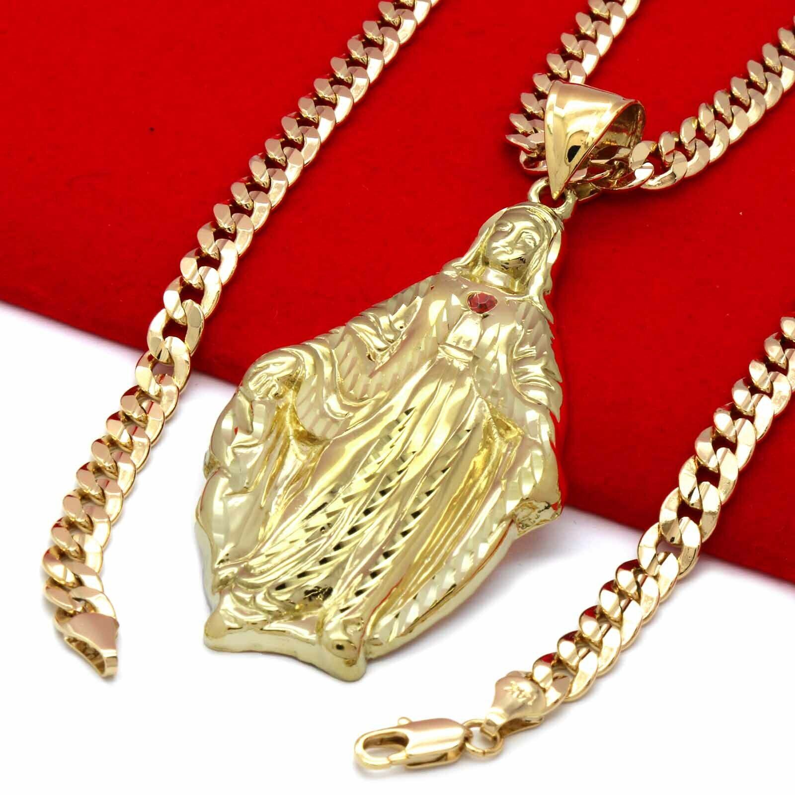 Brass Virgin Mary Gold Plated Pendant & 24″ 14K Stamped Cuban Chain Necklace