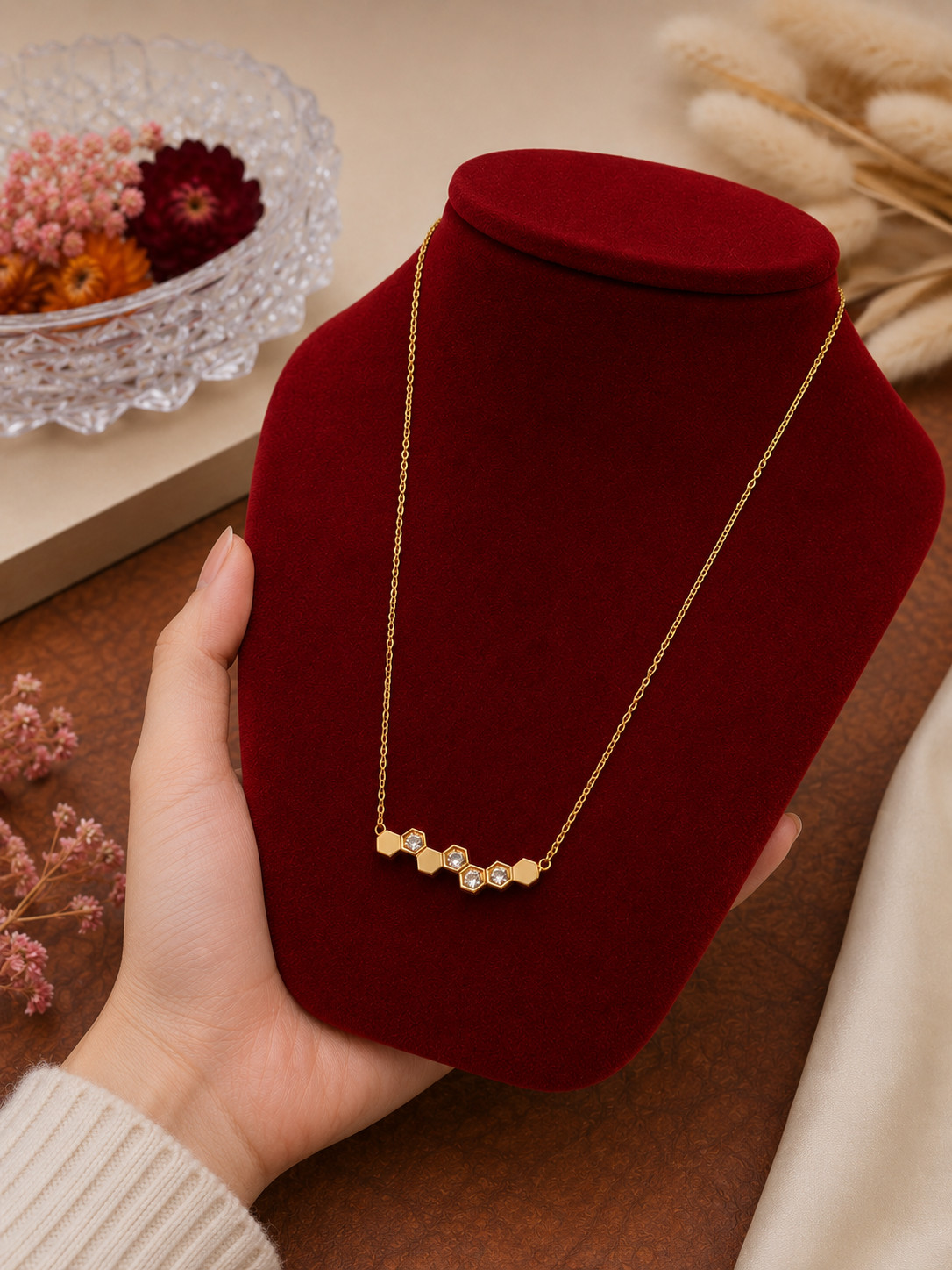 18K Gold Plated geometric honeycomb Pendant Necklace for Women Waterproof