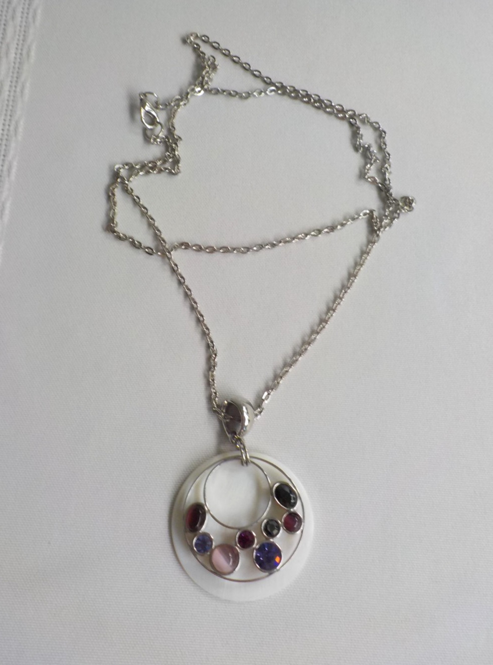 SL Faux Mop Necklace Silver Tone Metal 27″L Plastic Light Dark Purple Round