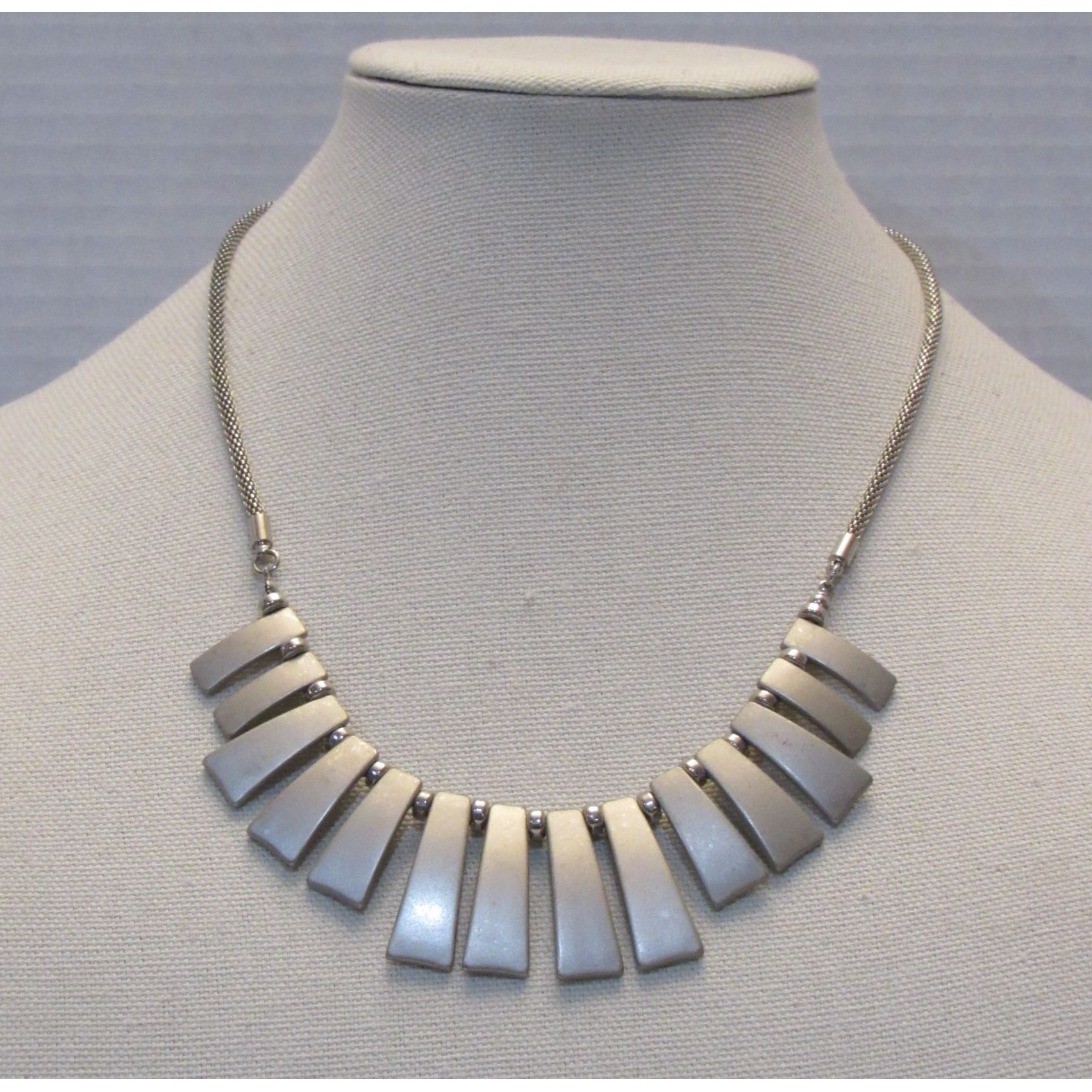 NY Silver Tone Brushed Metal Geometric Fringe Bib Statement Necklace Chain