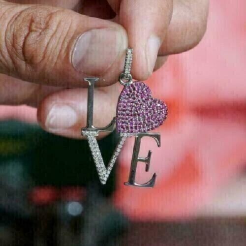 Round Cut Simulated Pink Ruby Women’s “LOVE” Fancy Pendant 14k White Gold Plated