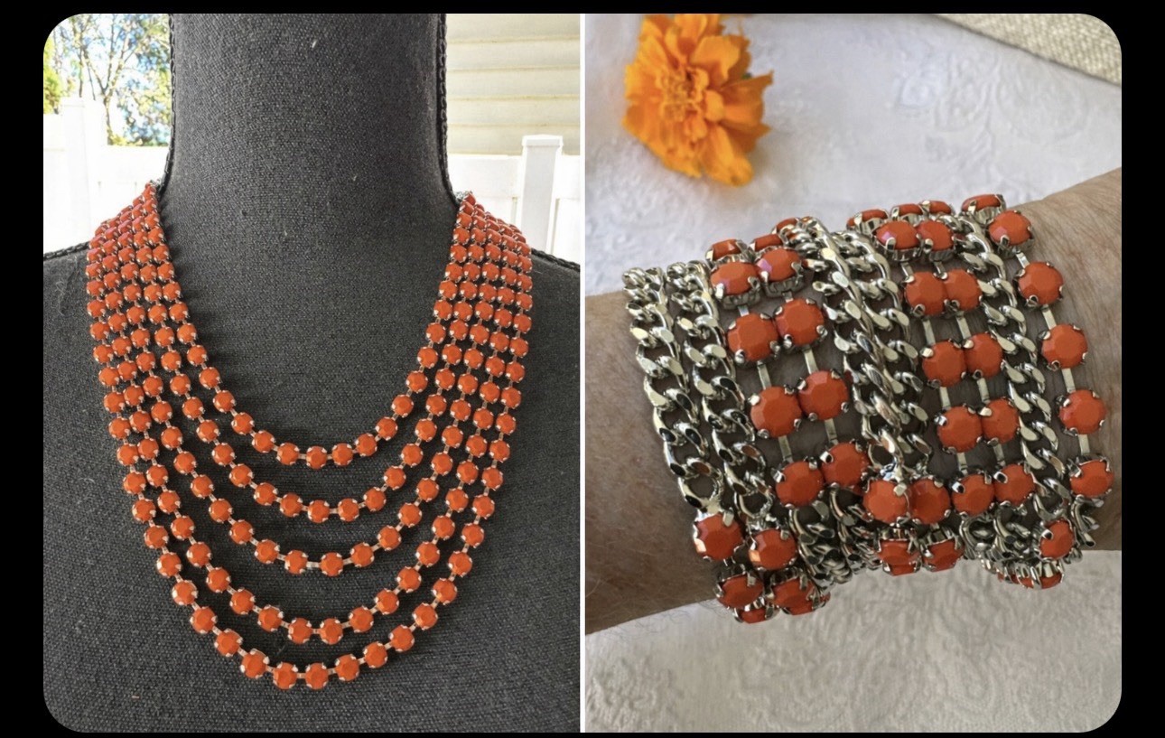Cara New York Orange Red Gold Chain Statement Necklace & Bracelet Set NEW