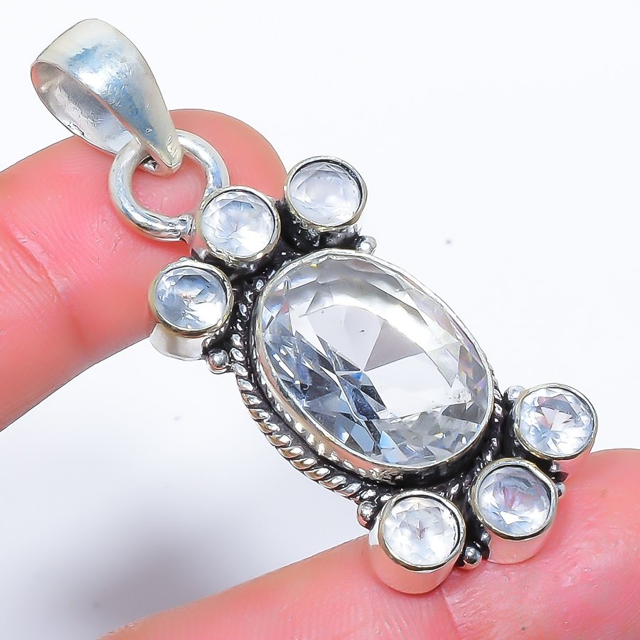 White Topaz Gemstone 925 Silver Plated Jewelry Pendant 2.1″ F2627