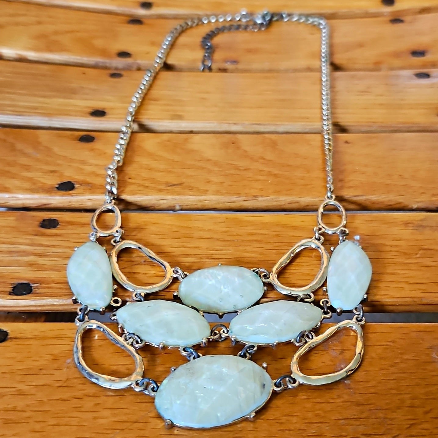 Silver Tone Bib Statement Necklace, 5 White Oval Stones, Curb Link, Adj Lobster