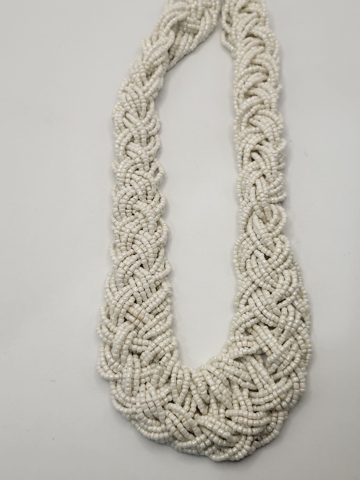 Hand Crafted White Braided Beaded Chunky Necklace Multiple Strands 24″ Adjust
