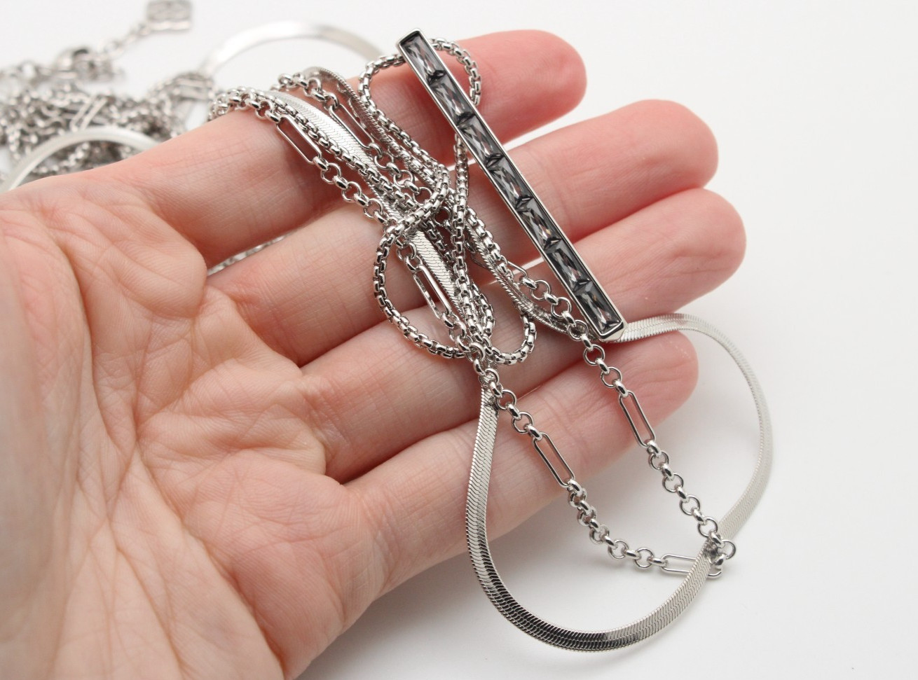 Kendra Scott Silver Tone Box Herringbone Rolo Paperclip Chain Crystal Necklace