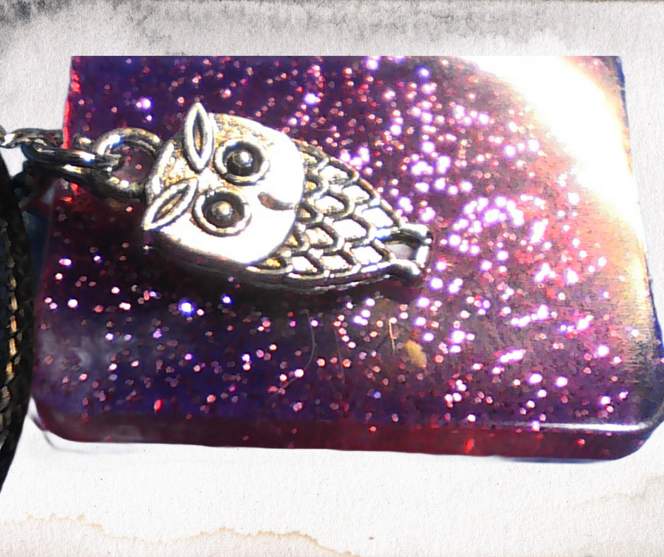 Handmade Owl Resin Pendant Necklace Glitter Silver Charm Black Cord 18″ Gift