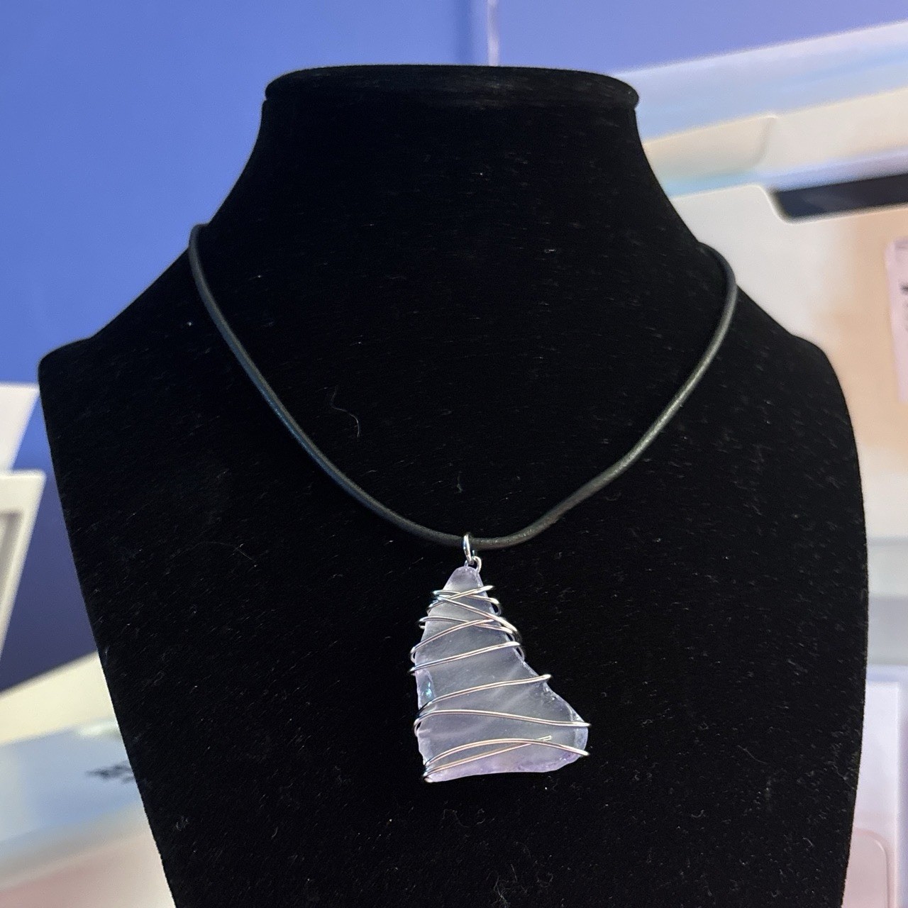 Sea Glass Wire Wrapped Pendant Necklace, Adjustable Black Cord Lobster Clasp