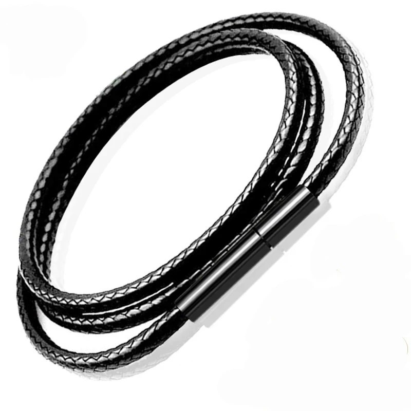 Black Waxed Leather Cord Necklace Braided Choker Chain with Stainless Steel Clas