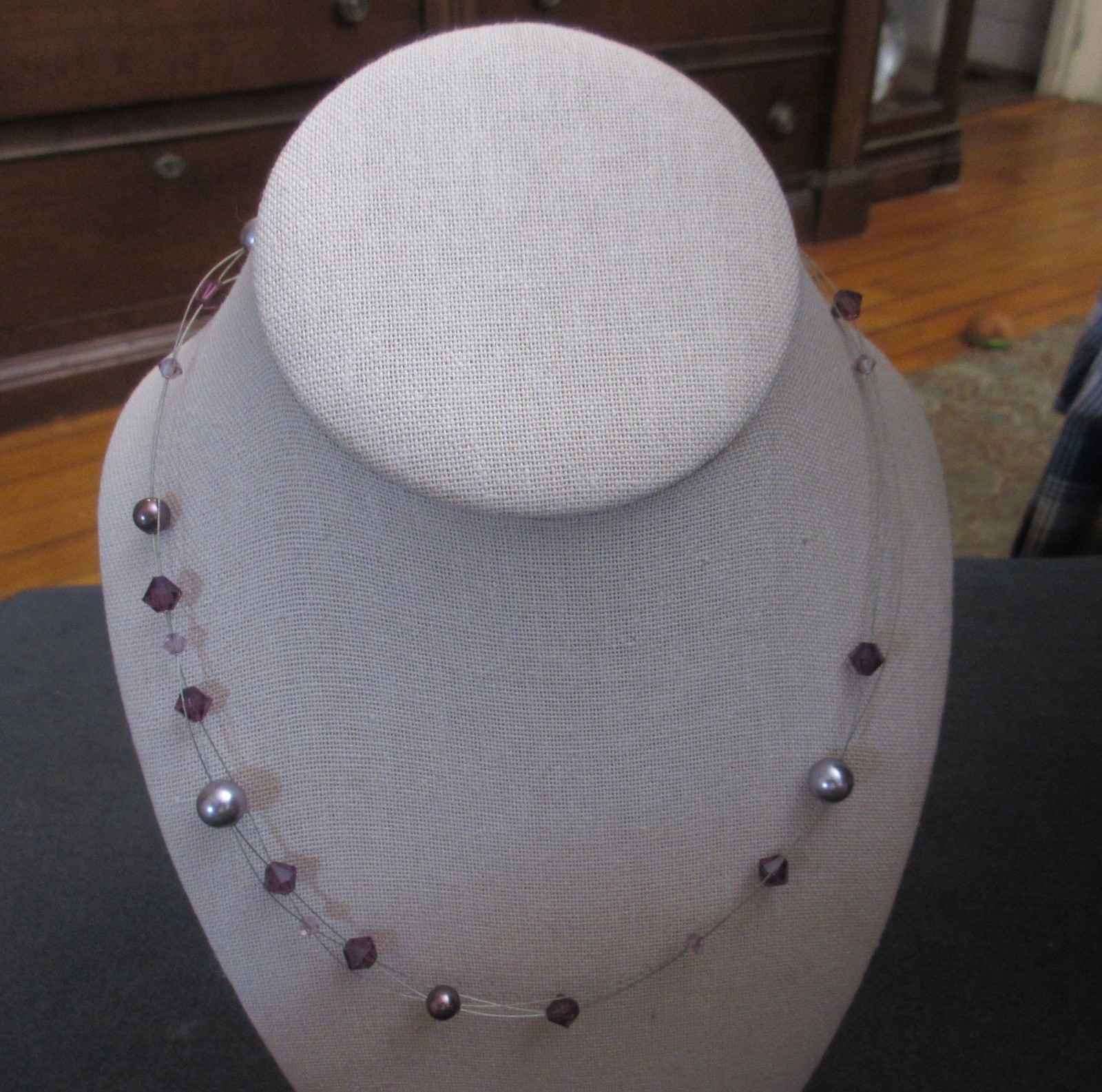 3 Strand Red & Metallic Floating Bead 17″ Necklace – Lobster Claw Clasp sjc