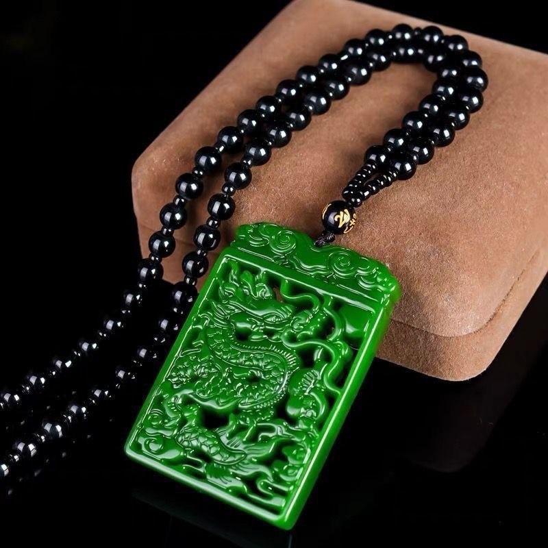 Natural Hotan Jade Jasper Carved Dragon Flying World Pendant Sweater Chain