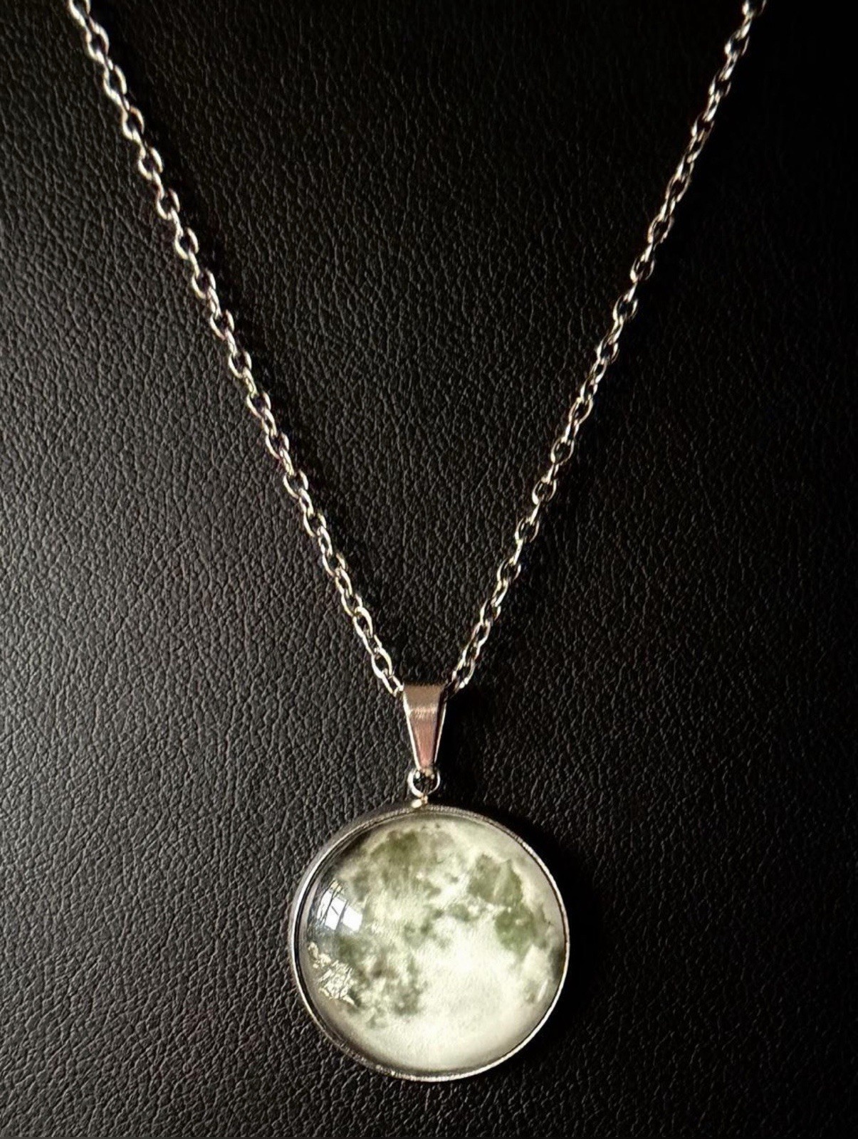 Glow in the Dark ✨ Full Moon Pendant Necklace with Silver Chain 🪐🌌