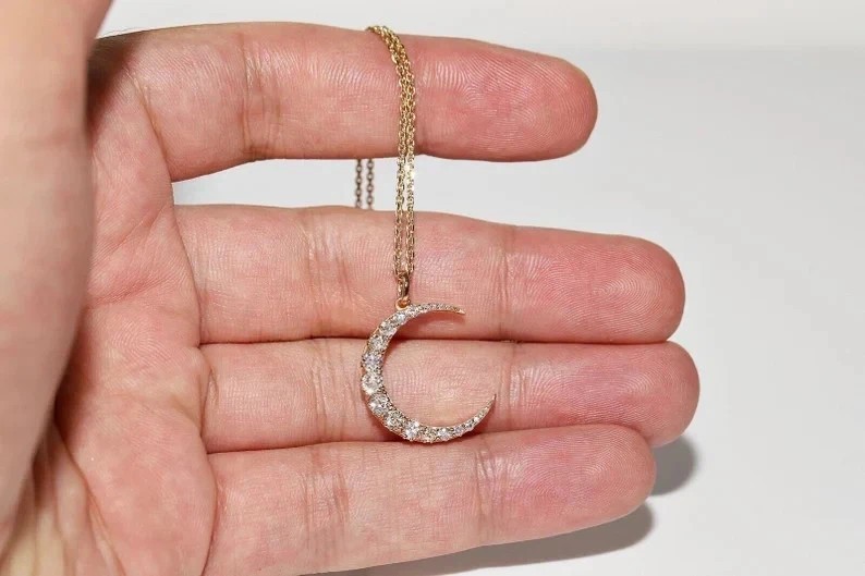 Fancy Moon Shape Pendant 2Ct Round Cut Simulated Diamond 14K Yellow Gold Plated