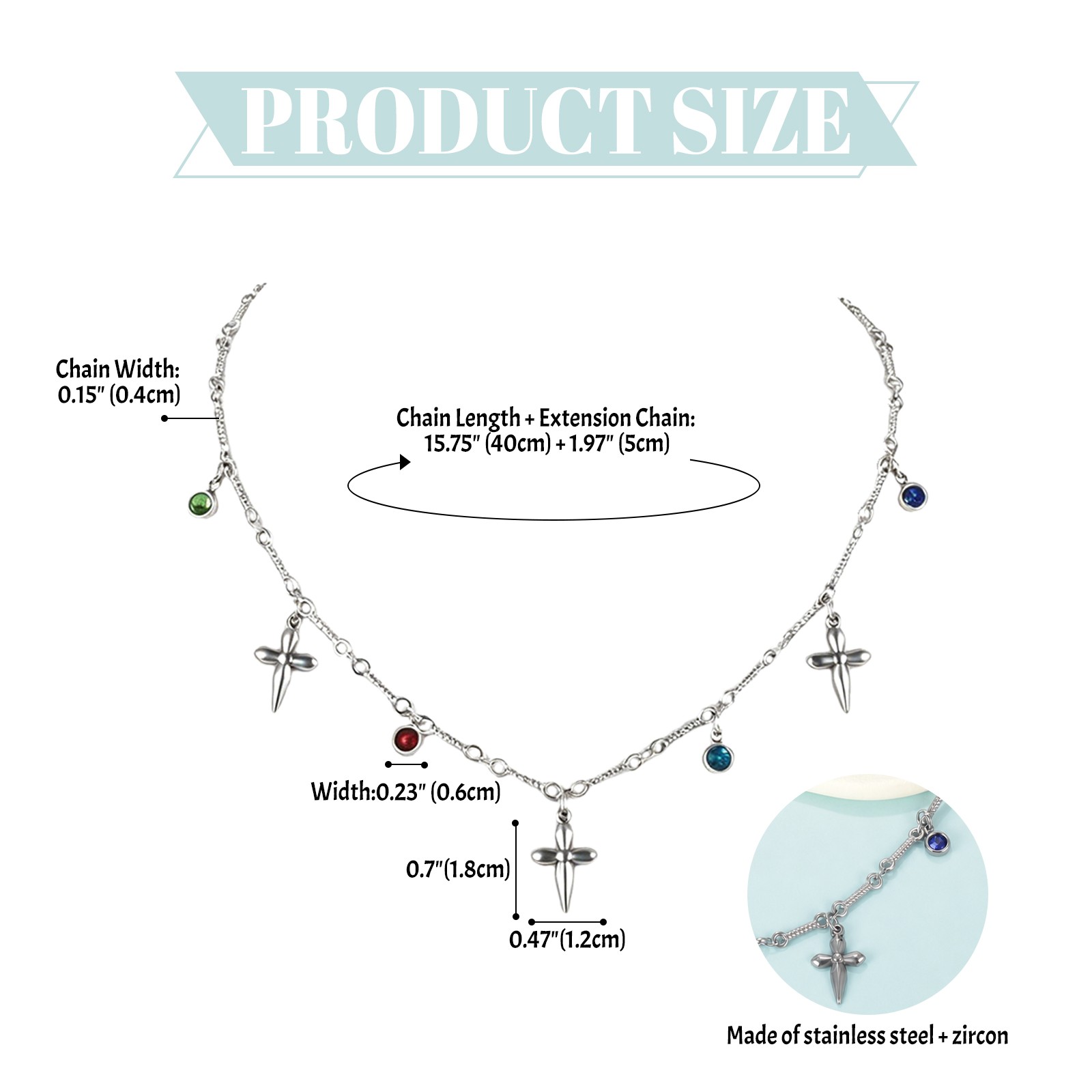 Women’s CZ Cross Charm Necklace Stainless Steel Tassel Necklace for Daily Wear