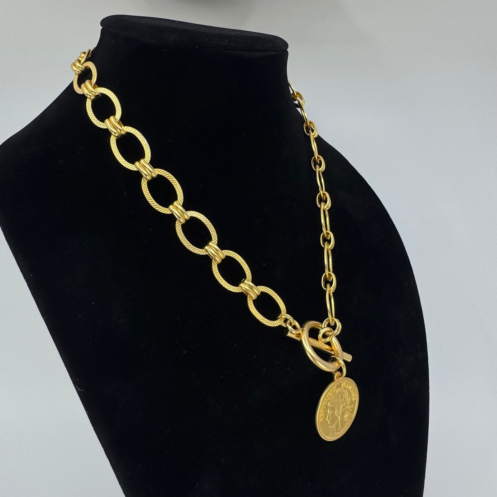 Republique Francaise French Coin Toggle Necklace Gold Tone Chunky Link OOAK 20in