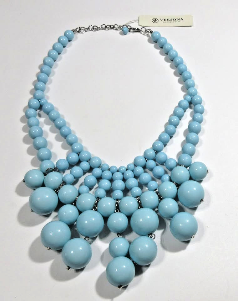 NEW 22″ LIGHT BLUE HEAVY BIB BEAD STATEMENT STRAND NECKLACE ROUND LINK SILVER TN