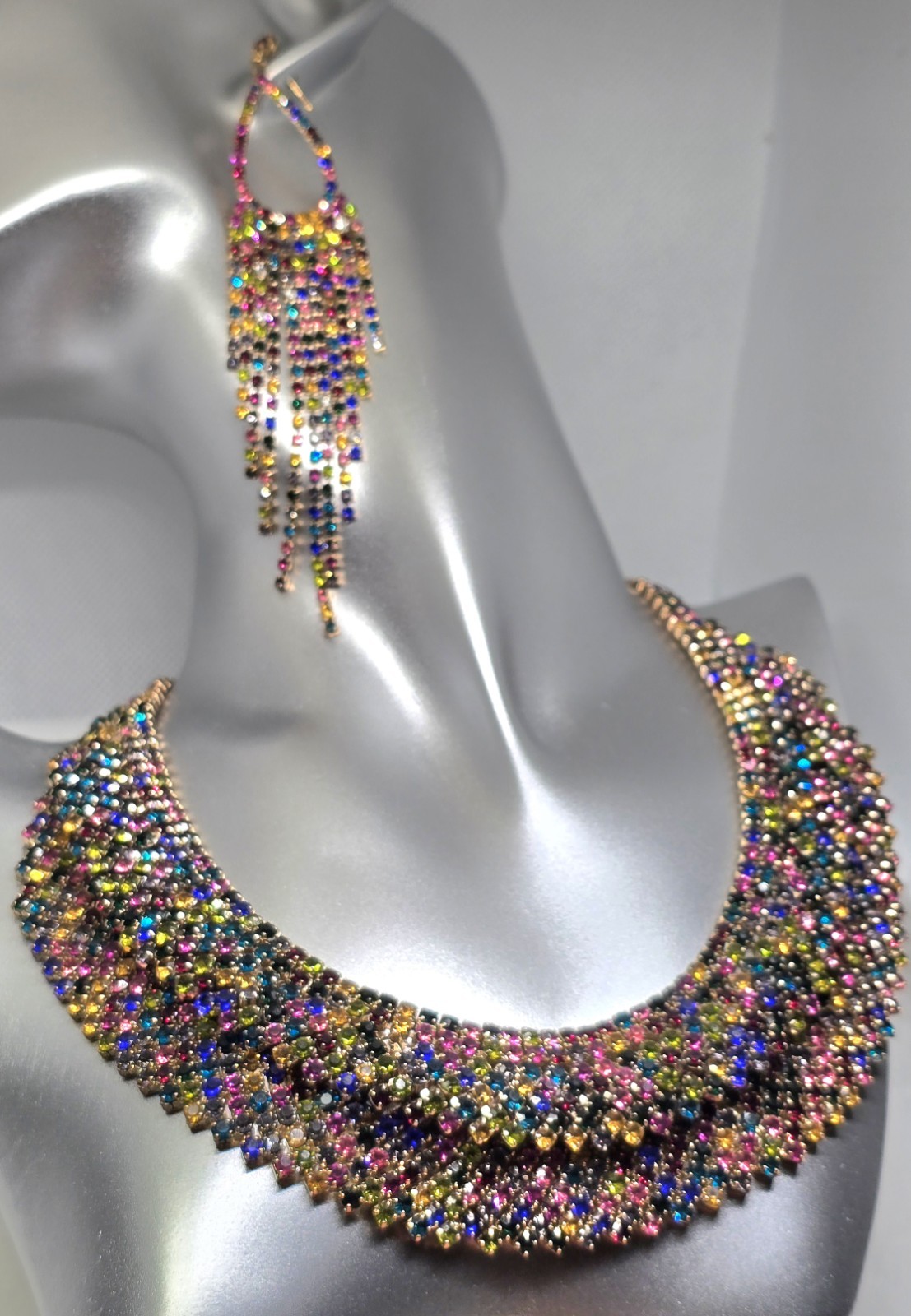 NATASHA Designer Necklace Earring Set Bib Stagewear AB Multicolor Rhinestones
