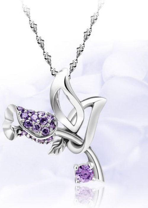 Sterling Silver Purple Rose Amethyst Flower Pendant Chain Necklace Love Gift L22