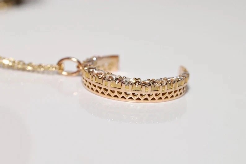Fancy Moon Shape Pendant 2Ct Round Cut Simulated Diamond 14K Yellow Gold Plated