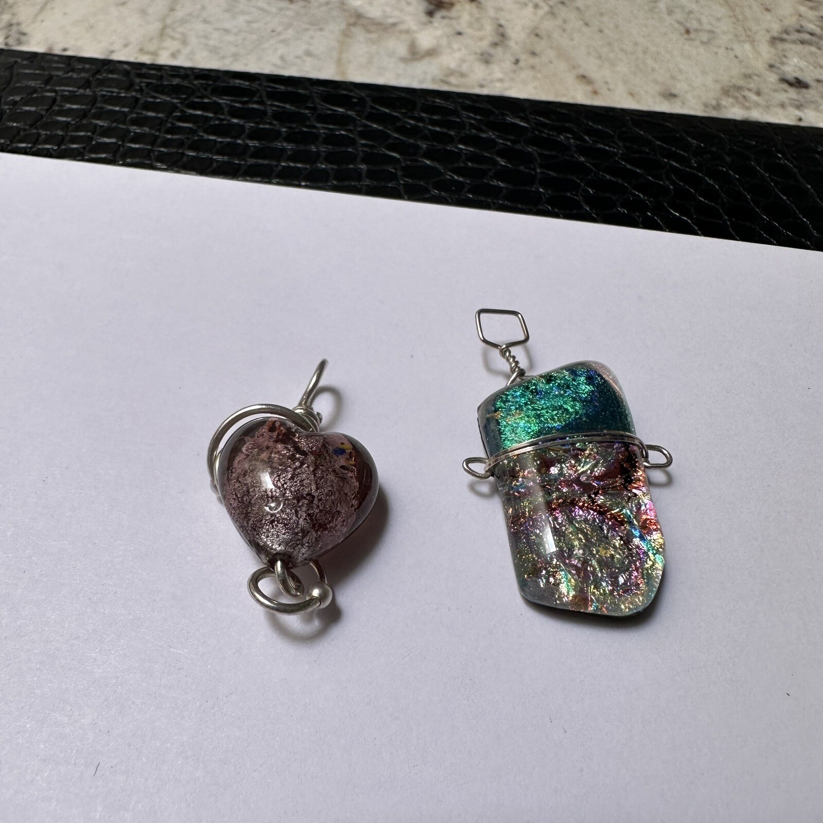 Lot Of 2 Art Glass & Silver Tone Metal Costume Pendant / Charm