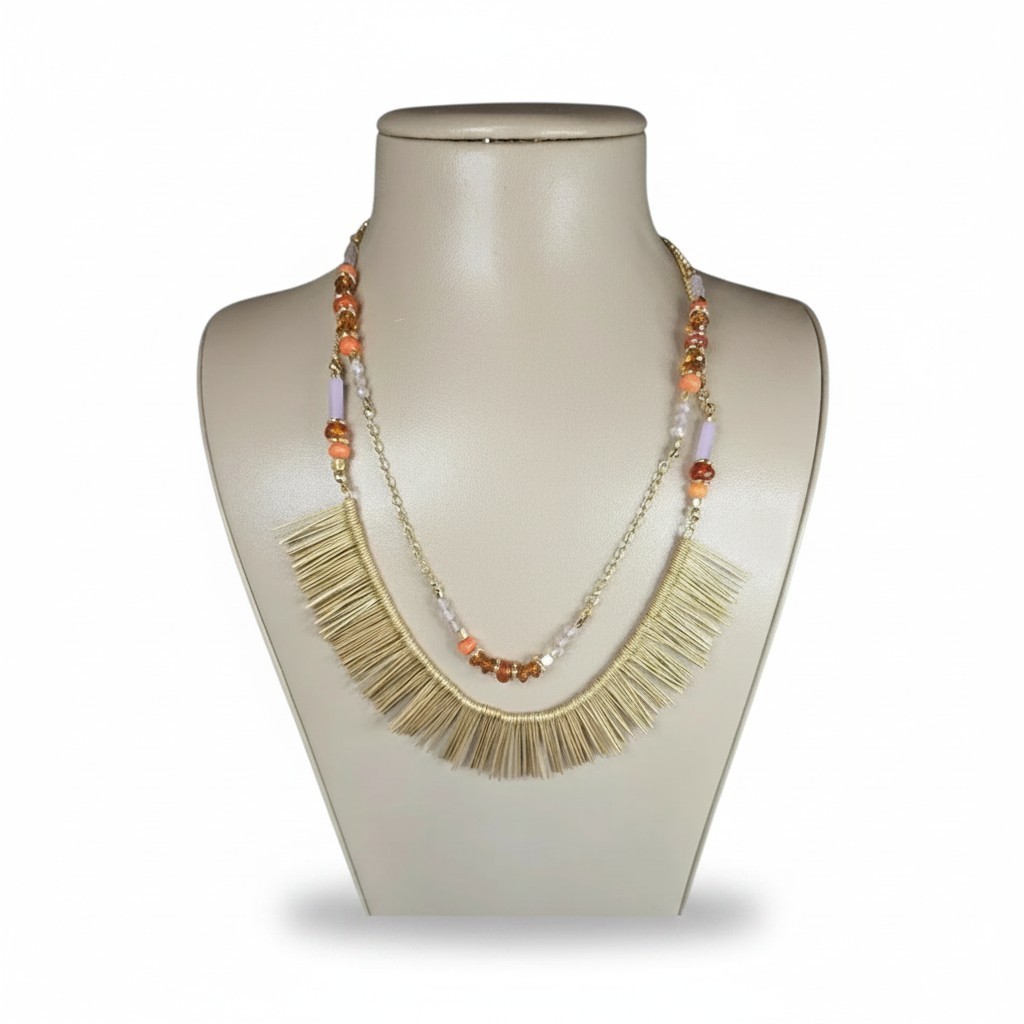 Anthropologie Women’s Fringe Stone Layer Statement Necklace Gold/ Orange NWT