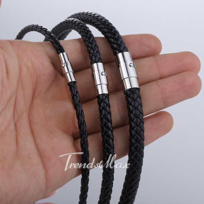 4/6/8mm Black Rope Leather Cord Necklace Stainless Steel Magnetic Clasp 16″-24″