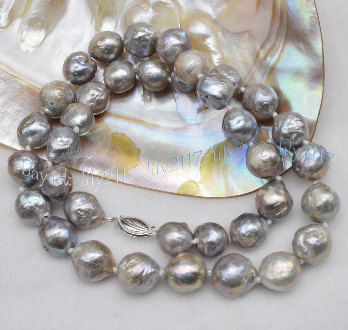 Huge 10-12mm Natural Silver Freshwater Reborn Keshi Baroque Pearl Necklace 18”