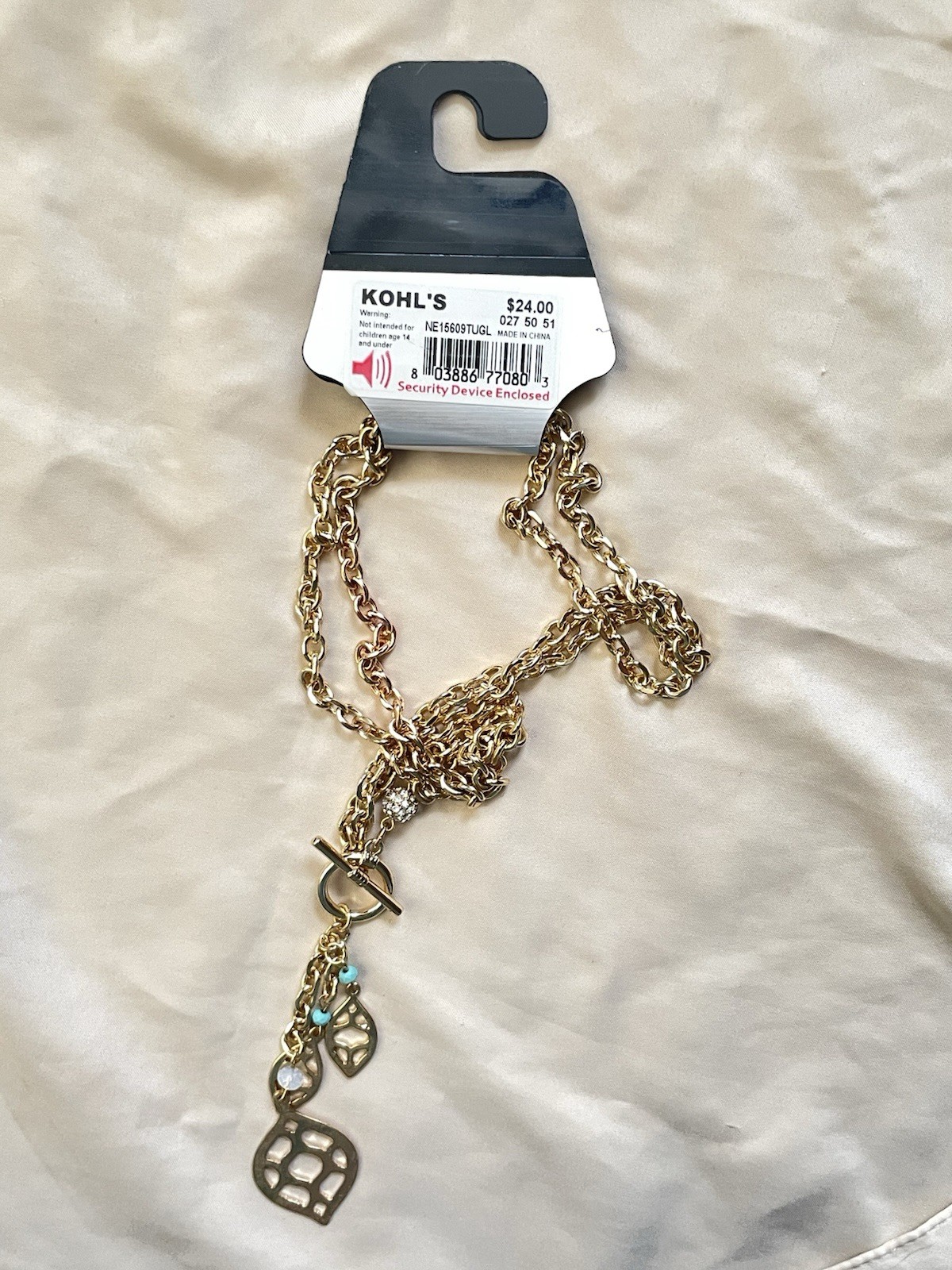 Apt 9 Boho Gold Tone Chain Necklace Toggle Clasp Asymmetrical Blue Charm Pendant