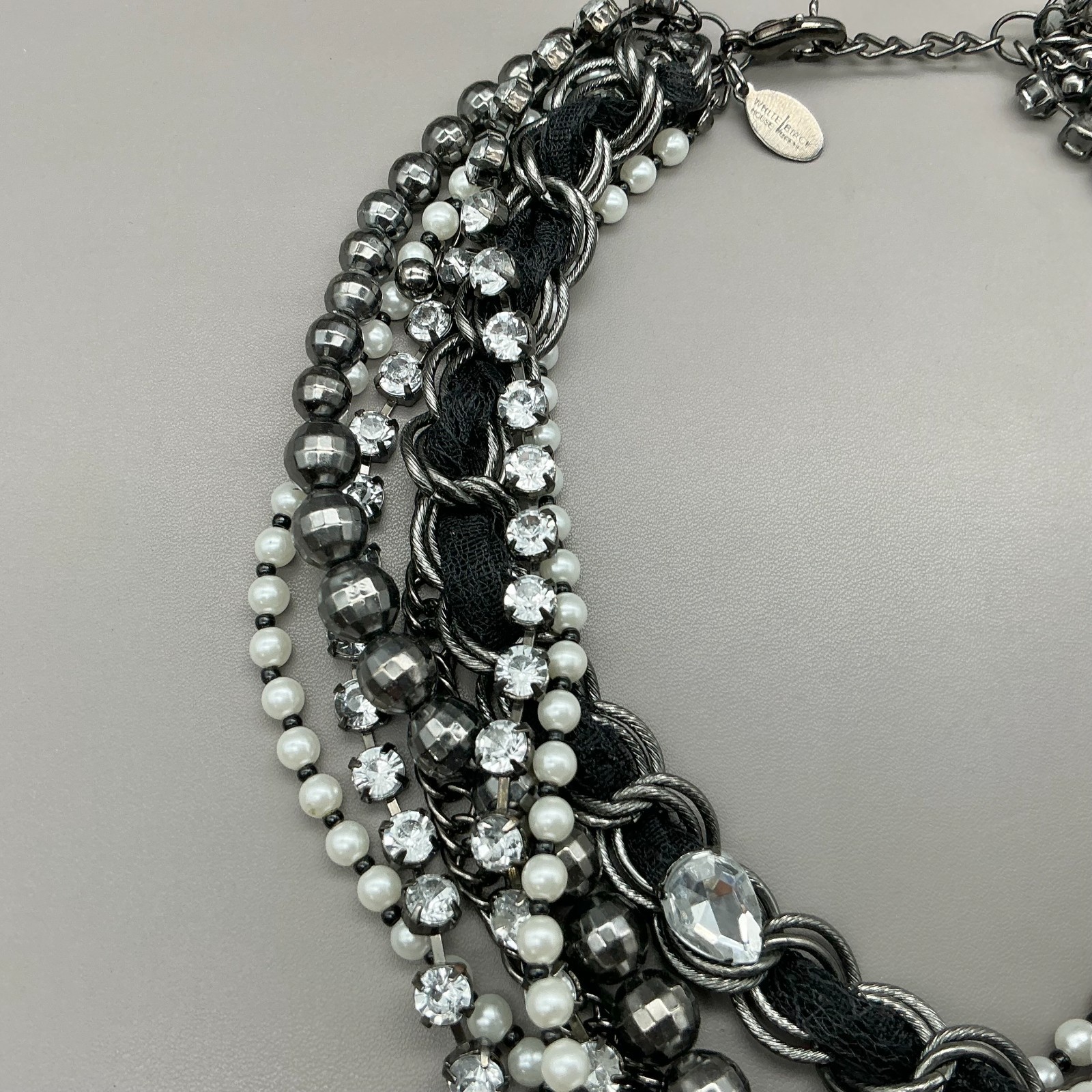 White House Black Market Necklace Gunmetal Faux Pearl Rhinestone Multi Strand