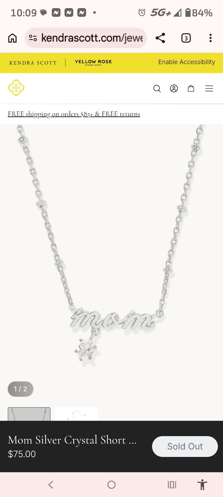 Kendra Scott Mom SIlver Rhod Metal Crystal Short Pendant Necklace