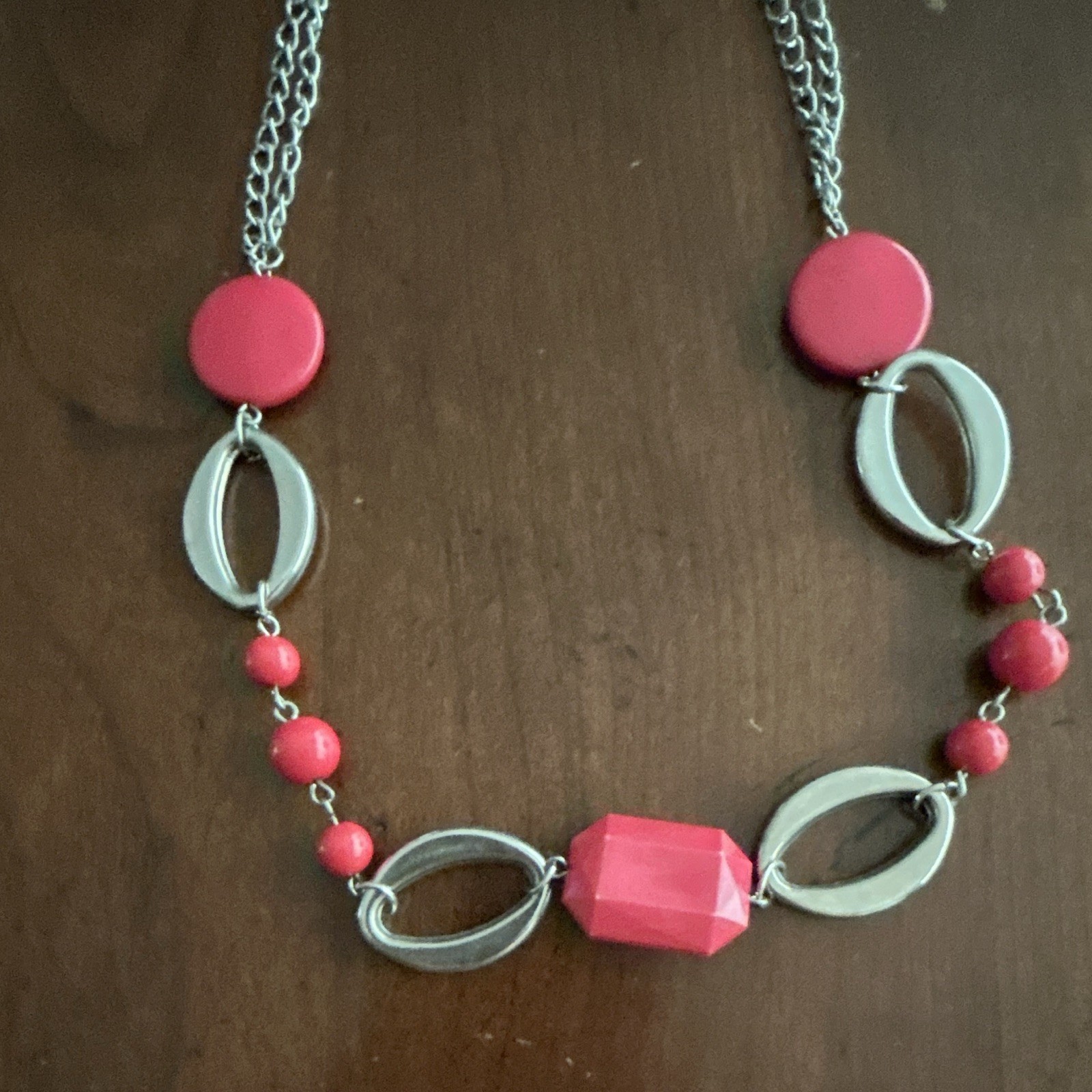 Silver Tone Cable Chain Statement Necklace w/ Pink Plastic Beads, Geometric